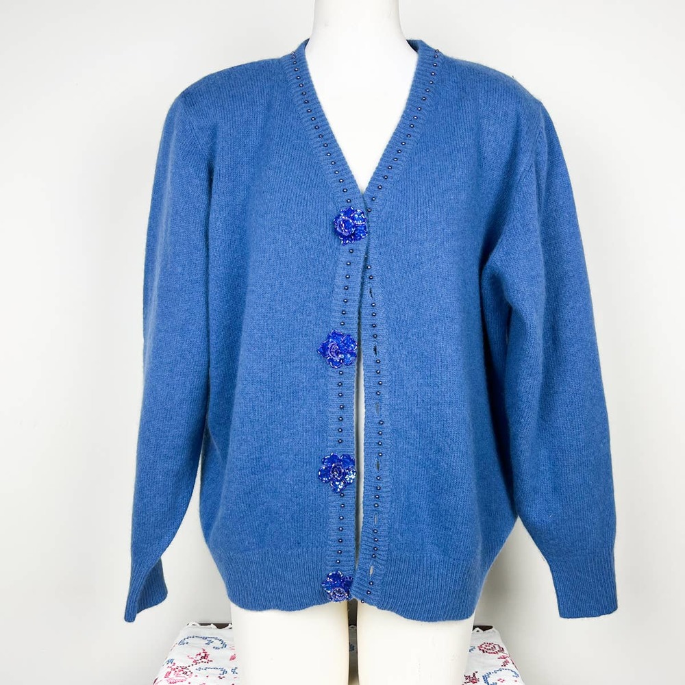 90s Lacy Afternoon Artsy Vintage Blue Sweater Sequins Flower Buttons Sz XL